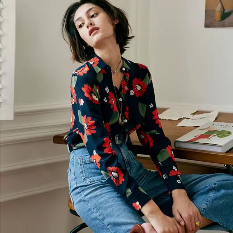 Trend Printing Chiffon Polo-Neck Long Sleeve Floral Shirts - Image 3