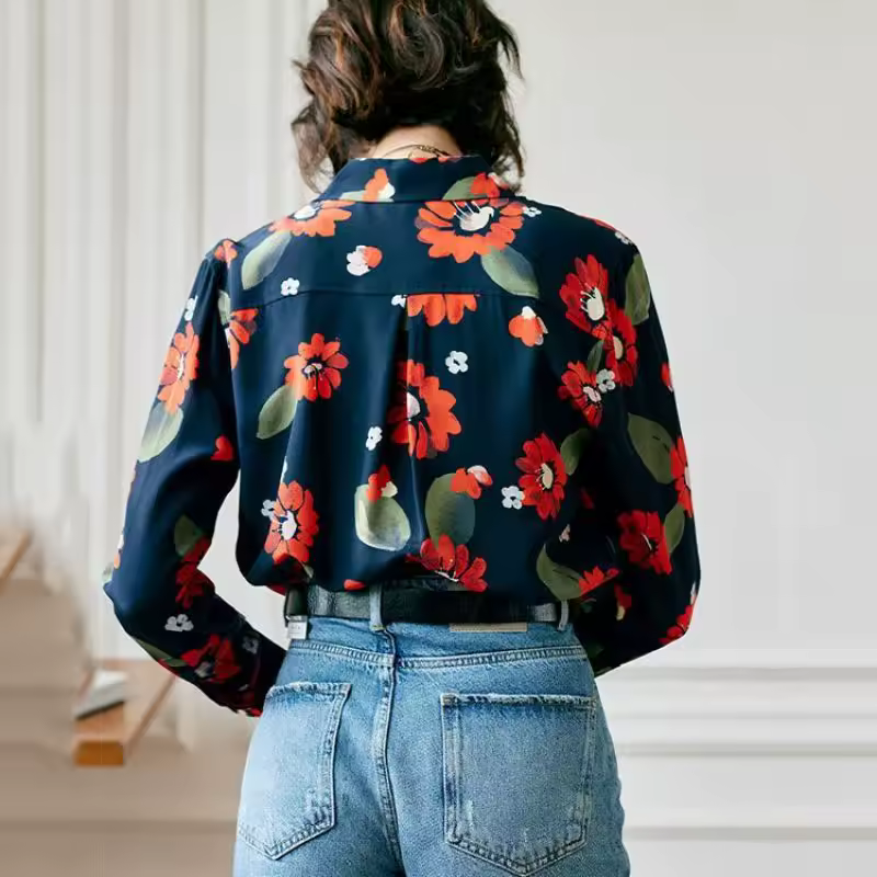 Trend Printing Chiffon Polo-Neck Long Sleeve Floral Shirts - Image 4