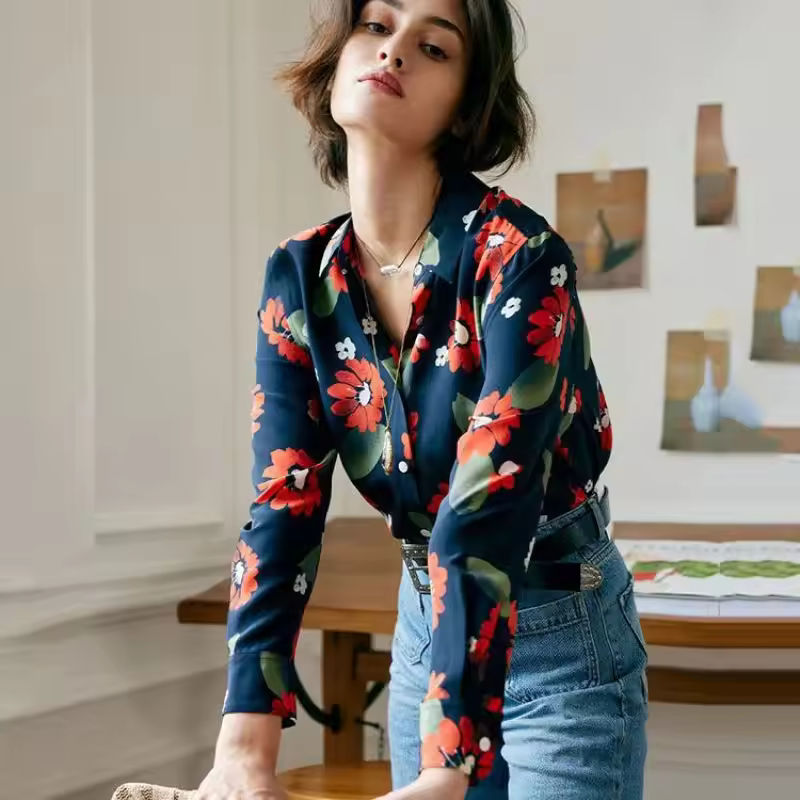 Trend Printing Chiffon Polo-Neck Long Sleeve Floral Shirts - Image 2
