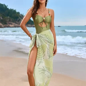 Trendy Beaded Cutout One-Piece Swimsuit And Printed Sarong Cover-up Set