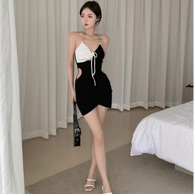 Trendy Chain Halter Cut Out Lace-up Irregular Party Bodycon Mini Dress
