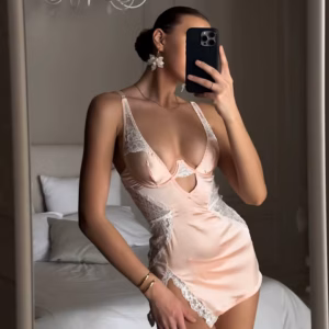 Trendy Deep-V Neck Satin Lace Patchwork Split Sissy Night Dress Lingerie