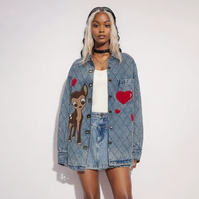 Trendy Embroidery Animal Design Plaid Long Sleeve Denim Blouse Shirt