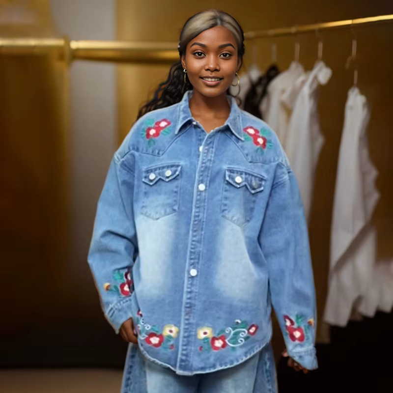 Trendy Embroidery Flower Lapel Long Sleeves Denim Jacket