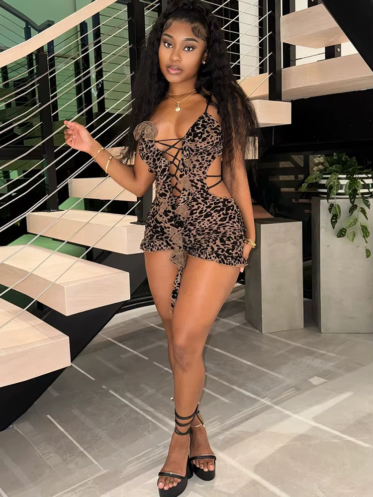 Trendy Flocking Leopard Print Backless V-Neck Tassel Workout Playsuits