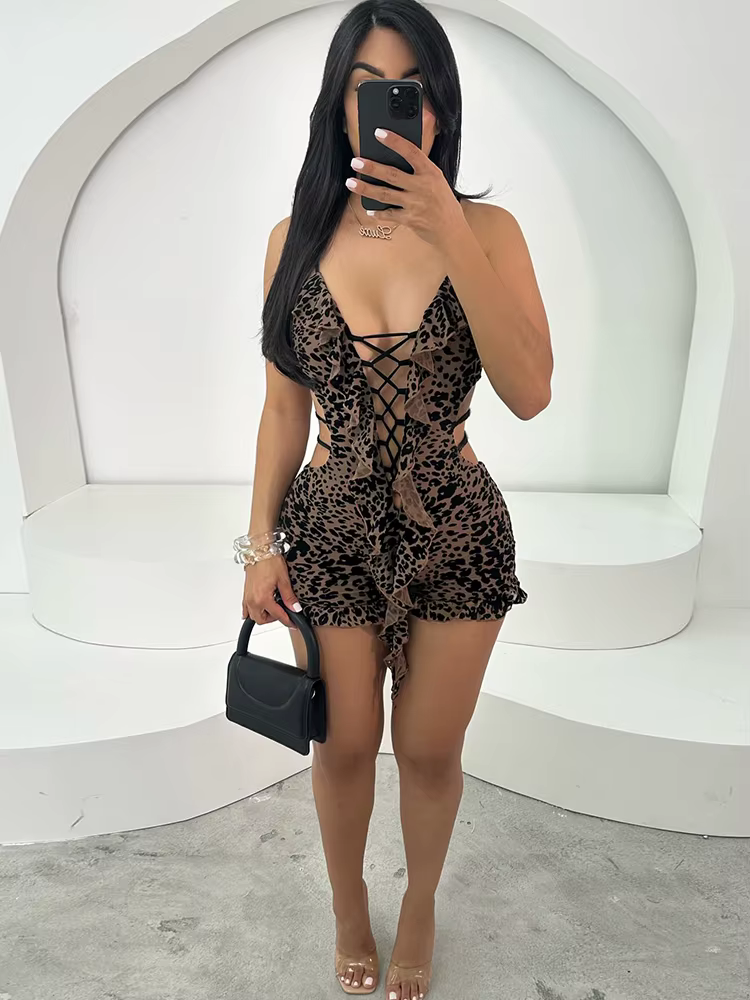 Trendy Flocking Leopard Print Backless V-Neck Tassel Workout Playsuits - Image 5