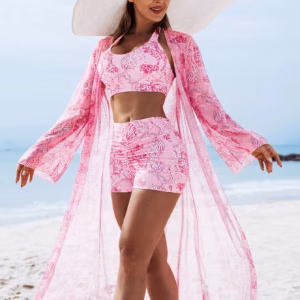 Trendy Polyamide Flowers Printed Three-Piece Bathing Suits Swimsuits