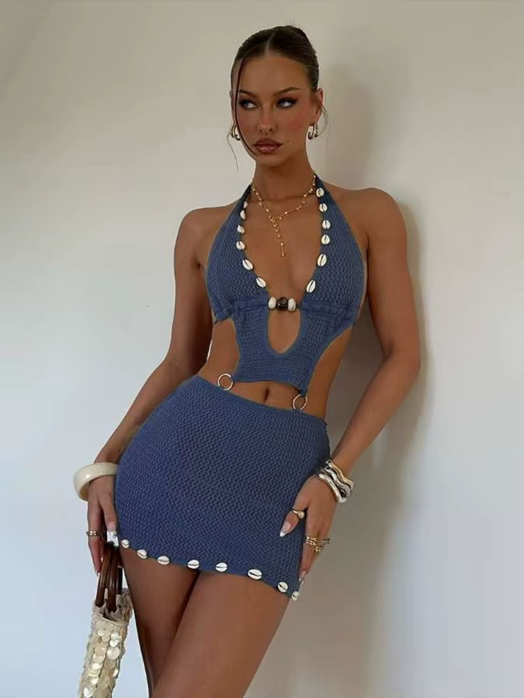 Trendy Pullover Spaghetti Strap Hollow Backless Pearl Hem Mini Dress - Image 2