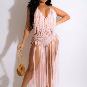 Trendy Sheer Knitted Beach Style Halter V-neck Tassel Backless Maxi Dress
