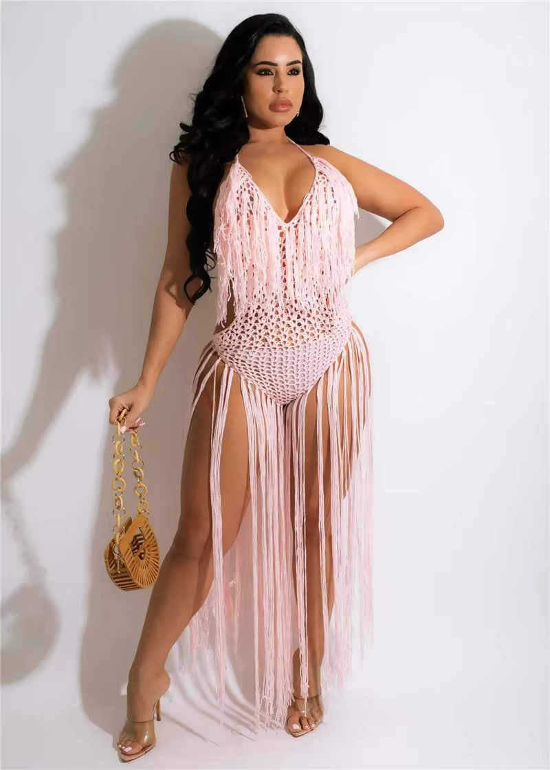 Trendy Sheer Knitted Beach Style Halter V-neck Tassel Backless Maxi Dress