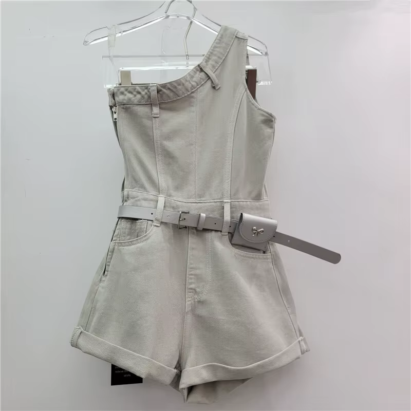 Trendy Single Shoulder Sleeveless Belt Design Rompers Denim Playsuit - Image 3