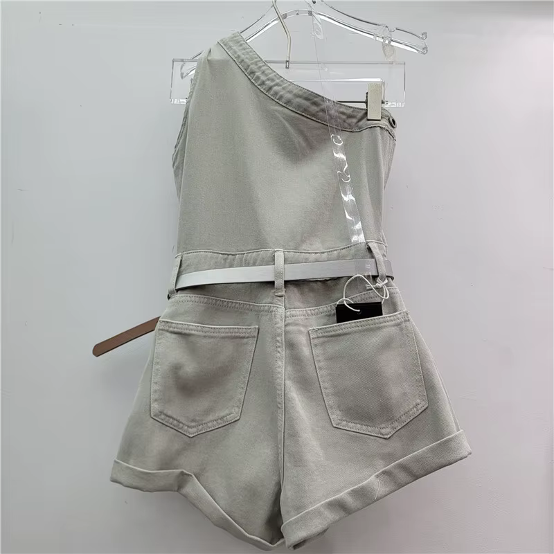 Trendy Single Shoulder Sleeveless Belt Design Rompers Denim Playsuit - Image 4