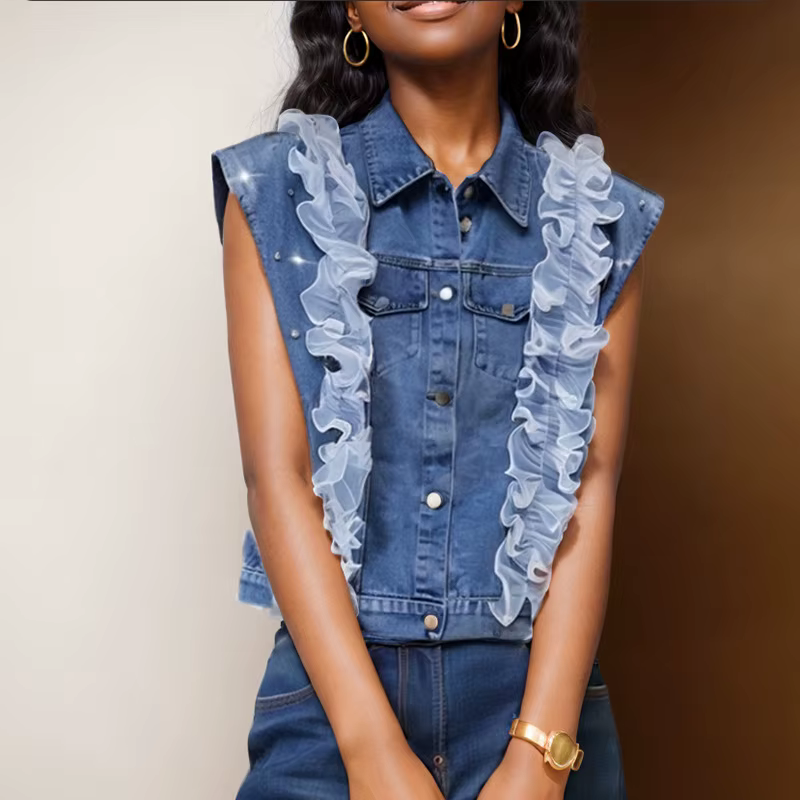 Trendy Spliced Mesh Ruffled Edge Diamonds Denim Vest Lapel Buttons Waistcoat