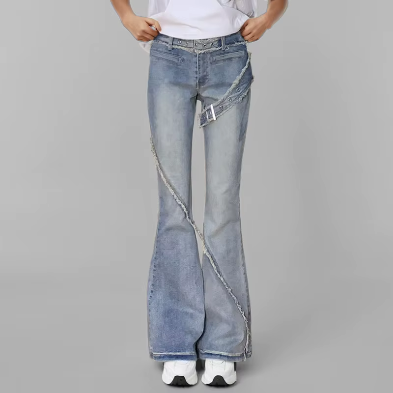 Trendy Spliced Plush Edge Belt Design Flare High Waist Denim Jeans