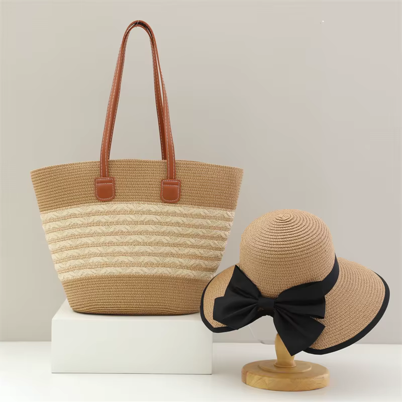 Two-piece Set Beach Bag Wide Brim Back-open Big Bowknot Staw Hats