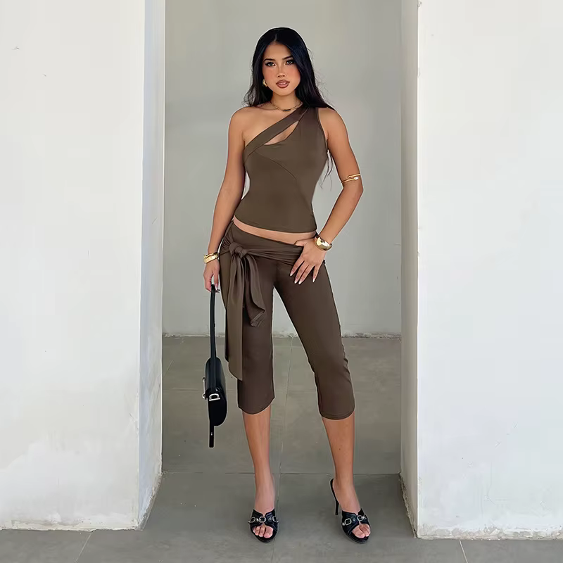 Vintage Backless Sleeveless Vest High Waisted Bandage Trousers Set