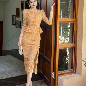 Vintage Fashion Lace Elegant Sweet Chic Sheer Slim Long Robe Dresses