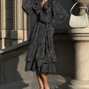 Vintage Fashion Loose Print V-Neck Long Sleeve Classic Ruffle Midi Dresses