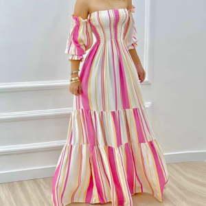 Vintage Fashion Off Shoulder Stripped Lantern Sleeves Folds Maxi Dress