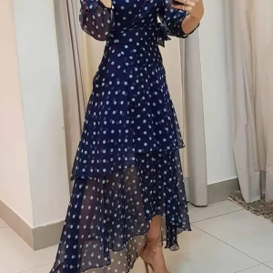 Vintage Fashion Polkadot V-Neck Layered Ruffles Maxi Dress
