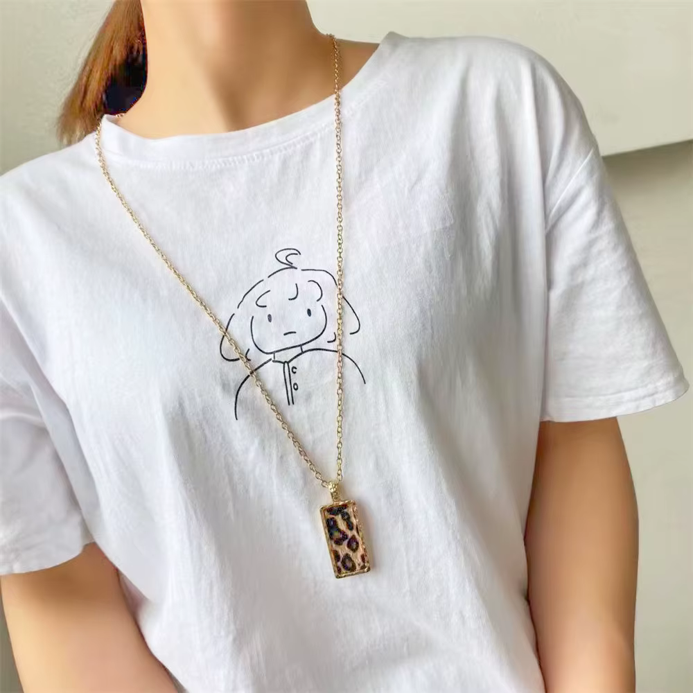 Vintage Leopard Leather Long Chain Tassel Drop Statement Square Pendant Necklace