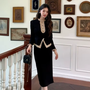 Vintage Outfits Elegant Ruffle O-Neck Tops Shirt And High Waist Midi Skirt 2 Pieces Set