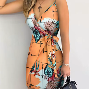 Vintage Tropical Print V-Neck Wrap Casual Sleeveless Holiday Mini Dress