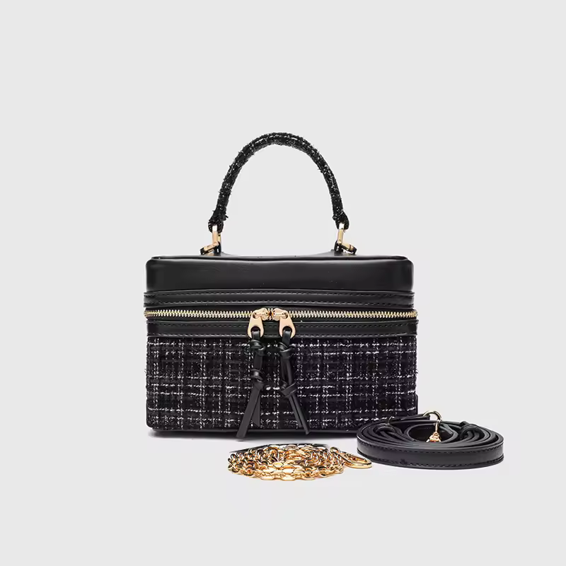 Vintage Solid Woolen Box Chains Sling Clutch Square Bag - Image 6