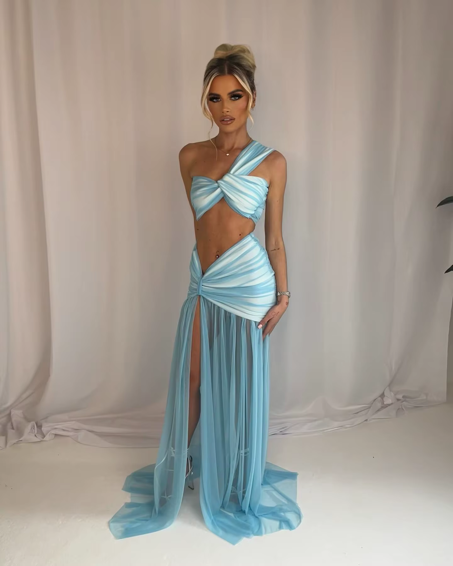 Elegant Waist Chic Slit Skirt Suit Bandage Top Skirt Sleeveless Two-piece