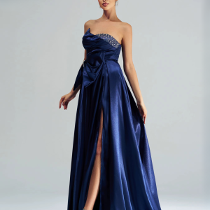 Elegant Bow Strapless A Line Split Graduation Floor Length Evening Gown