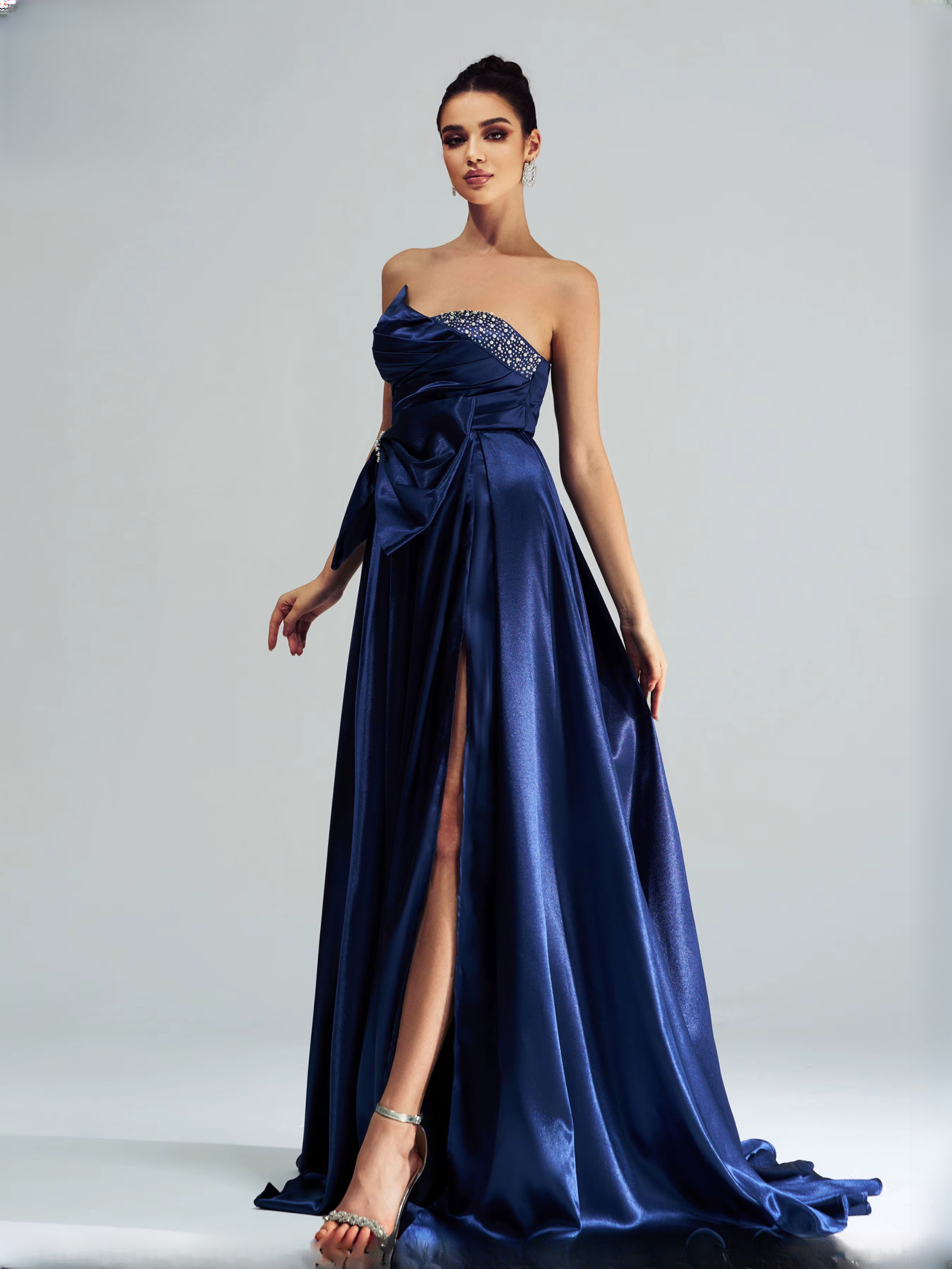 Elegant Bow Strapless A Line Split Graduation Floor Length Evening Gown