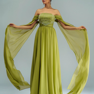 Elegant Off Shoulder A Line Extended Sleeves Panel Maxi Dress