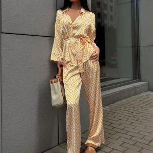 Elegant Long Sleeve Blouse With High Waist Pants Loose Print TwoPiece Sets