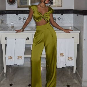 Elegant Sleeveless Crop Top With High Waist Wide Pants Two Piece Sets