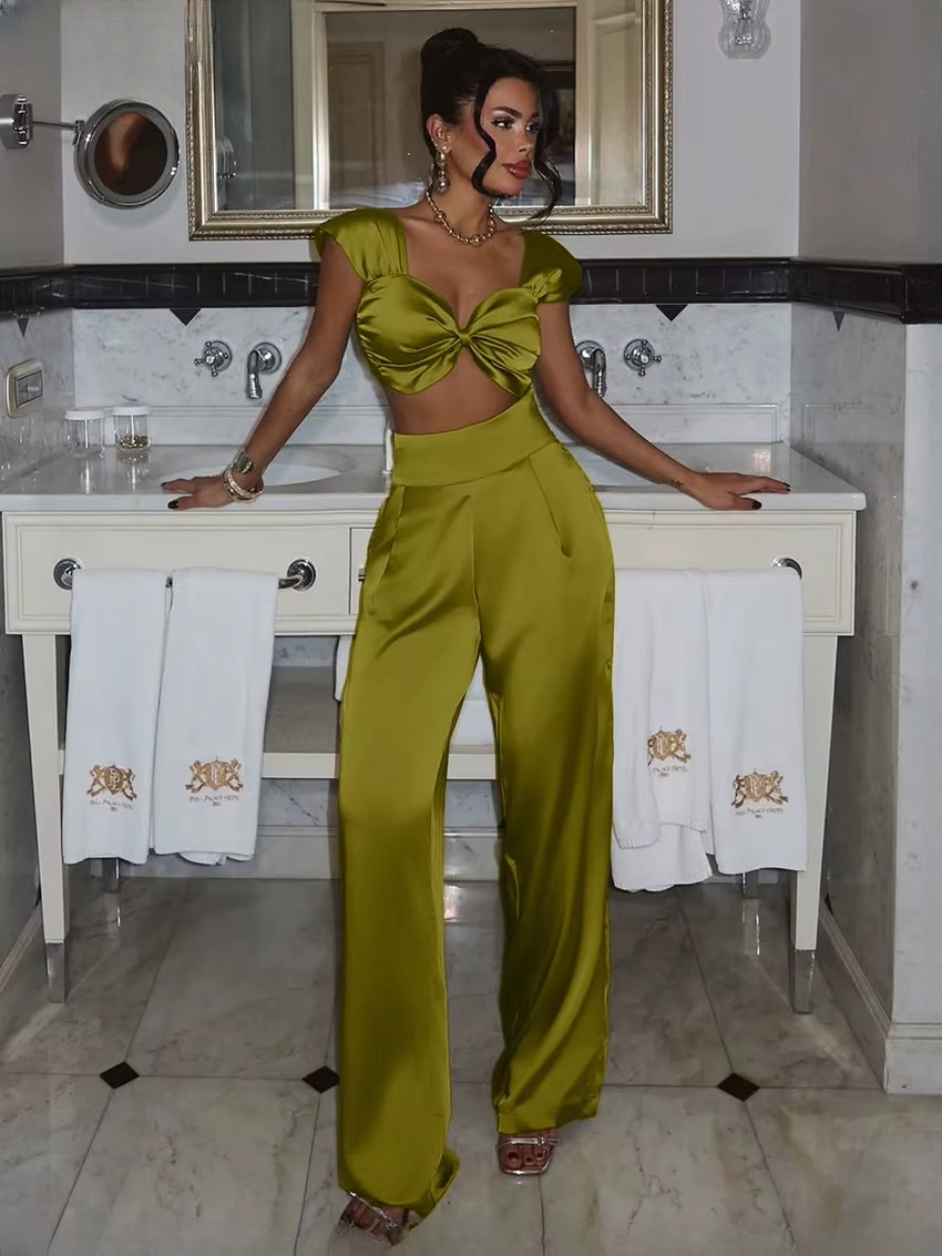 Elegant Sleeveless Crop Top With High Waist Wide Pants Two Piece Sets