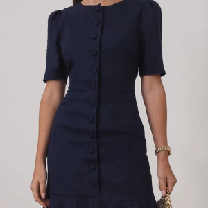 Elegant O-Neck Short Sleeve Cotton Classic Solid Mini Dresses