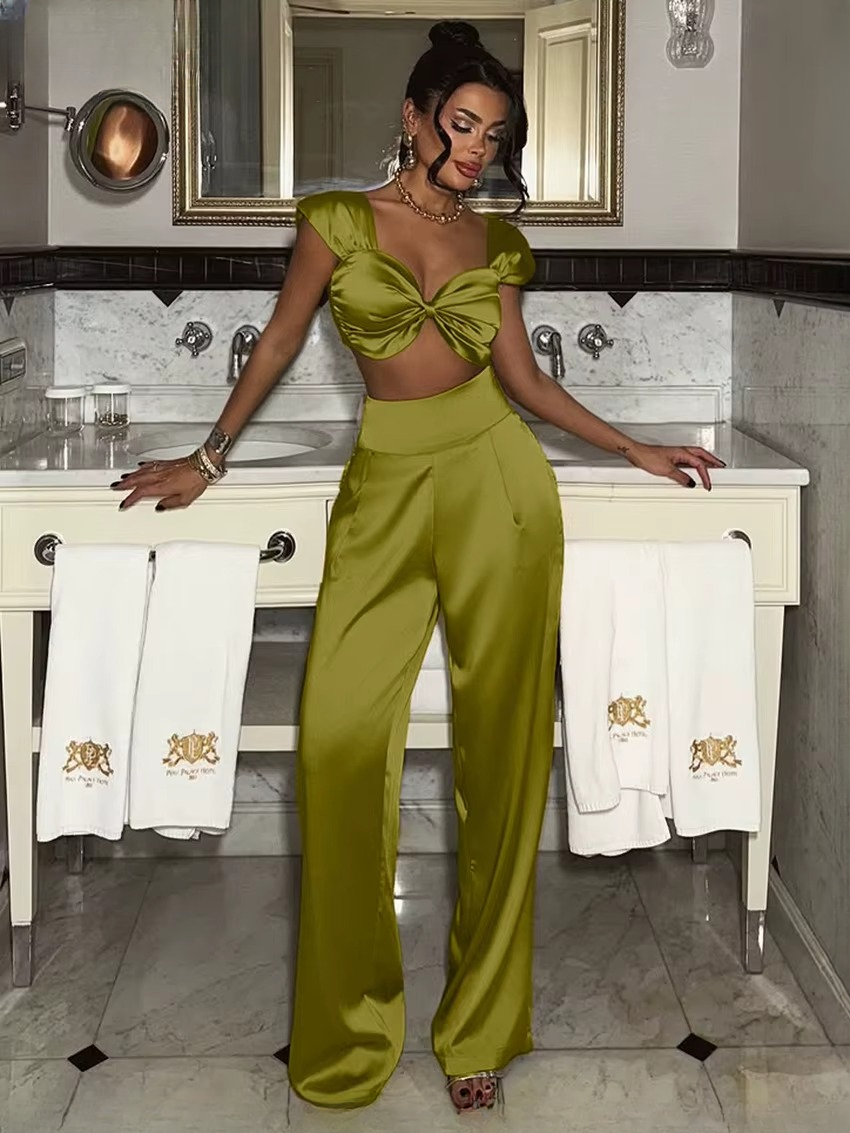 Elegant Sleeveless Crop Top With High Waist Wide Pants Two Piece Sets - Image 2