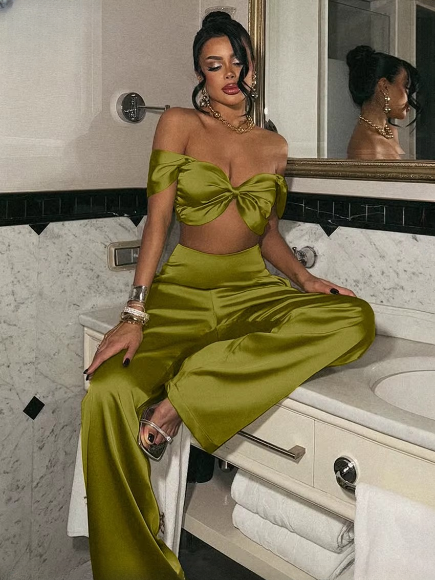 Elegant Sleeveless Crop Top With High Waist Wide Pants Two Piece Sets - Image 3