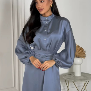 Casual Stand Collar Long Sleeve Classic Lace-Up Midi Dresses