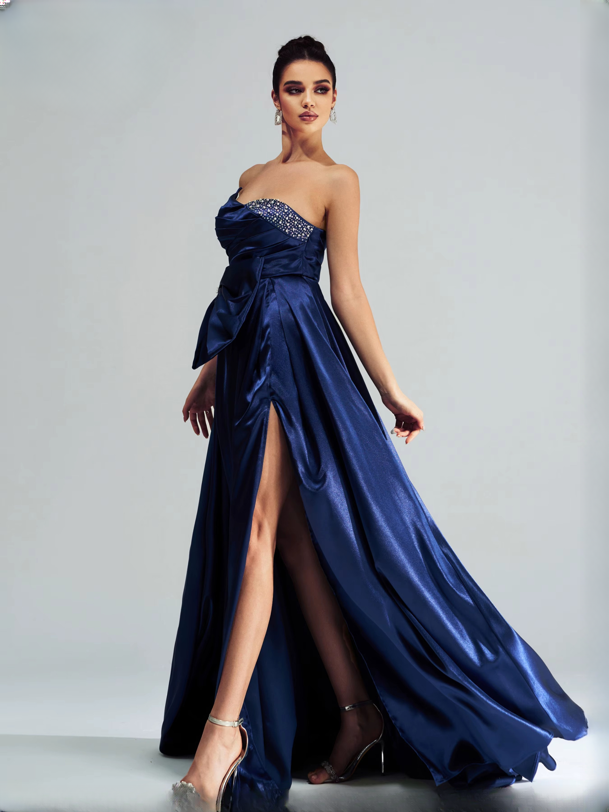 Elegant Bow Strapless A Line Split Graduation Floor Length Evening Gown - Image 5