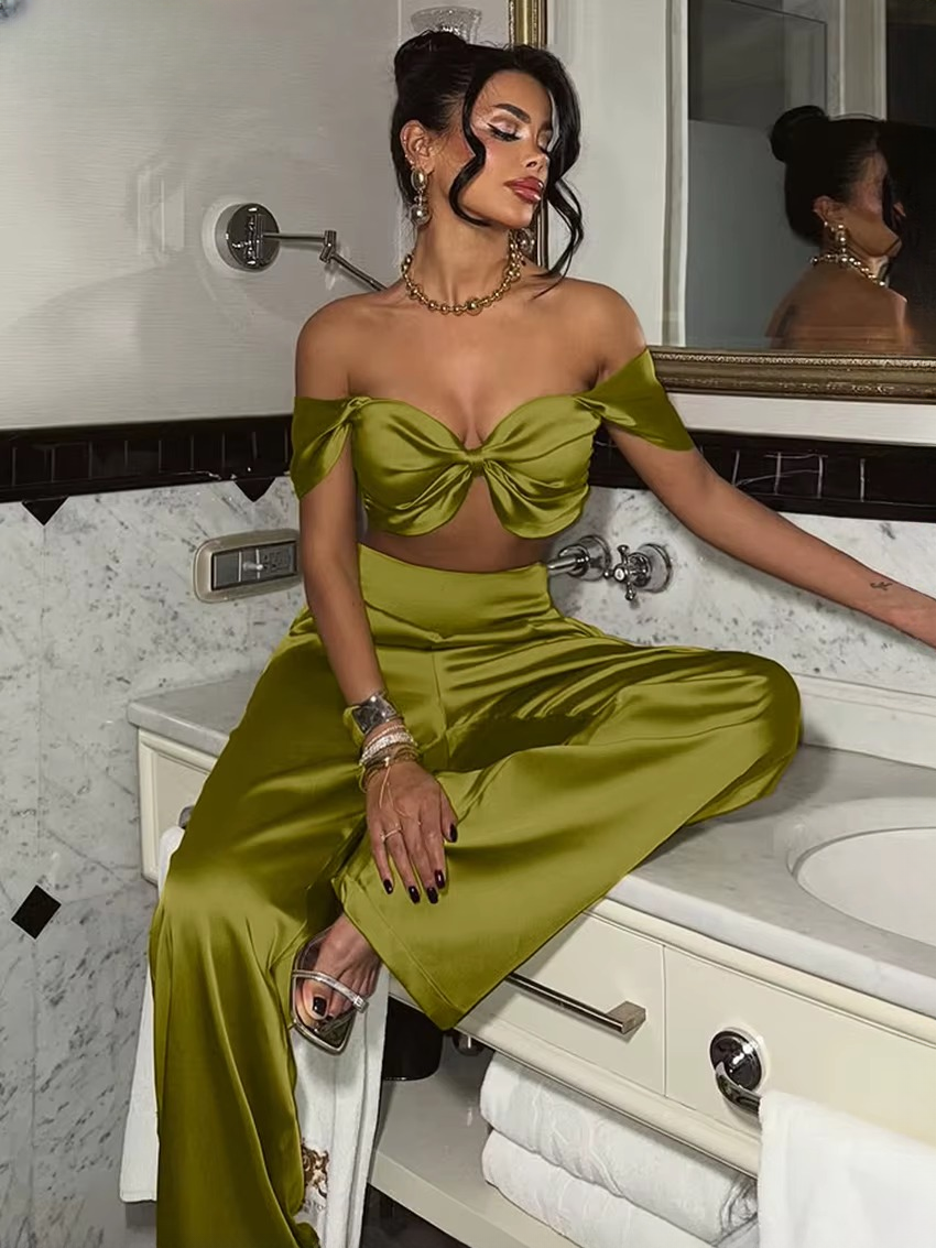 Elegant Sleeveless Crop Top With High Waist Wide Pants Two Piece Sets - Image 4