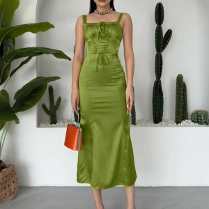 Elegant Sleeveless Classic Lace-Up Solid Satin Midi Dress