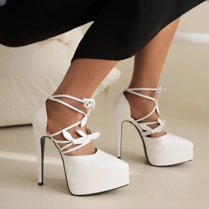 Elegant Pointed Bow Patent Leather Cross Straps Banquet Street High Heels