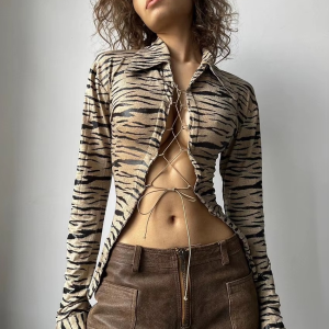 Elegant Long Sleeve Shirts Classic Bandage Blusa Top Print Shirt