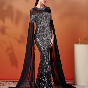 Mermaid Round Neck Extend Sleeves Sequin Gown Cocktail Ball Floor Length Dresses