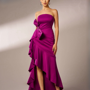 Elegant Ruffled Strapless Ruched Cocktail Bow Evening Maxi Dresses