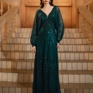 Elegant V Neck Lantern Sleeves Panel Sequin Loose Evening Maxi Dresses