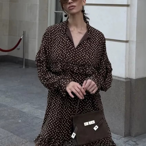 Casual V-Neck Long Sleeve Loose Print  Ruffle Mini Dresses