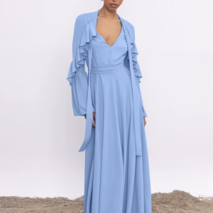Elegant V-Neck Long Sleeve Ruffle Classic Lace-Up Maxi Dresses