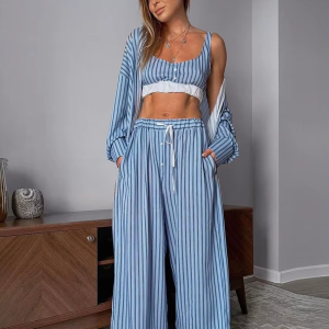 Elegant Long Sleeve Shirt + Crop Top With High Waist Wide Pants 3 Pieces Set